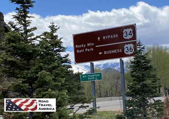 Sign at the intersection of US34 and US36 near the Estes Park Visitor Center