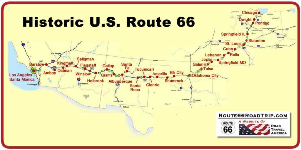 Map of Historic U.S. Route 66 from Chicago, Illinois to Santa Monica, California