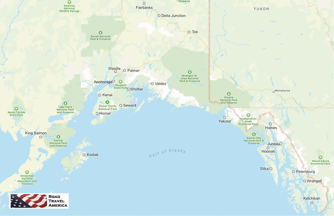 Map showing the major cruise ports and other cities and towns in Alaska