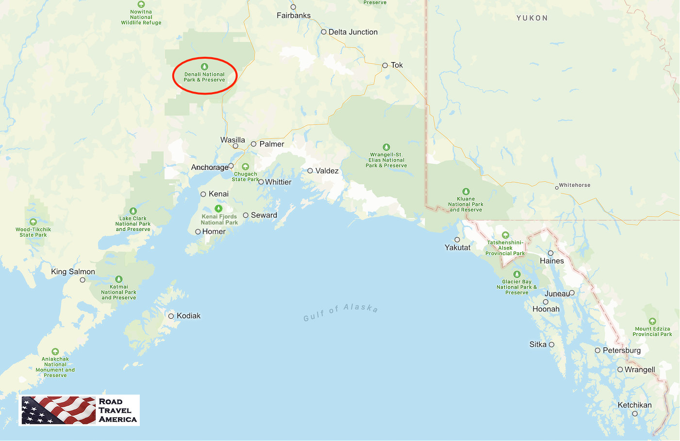 Map showing the location of Denali National Park & Preserve relative to other Alaska cities, parks and preserves