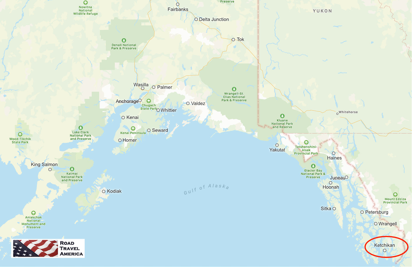 Map showing the location of Ketchikan relative to other Alaska cities, parks and preserves