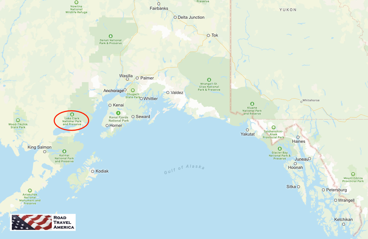 Map showing the location of Lake Clark National Park & Preserve relative to other Alaska cities, parks and preserves