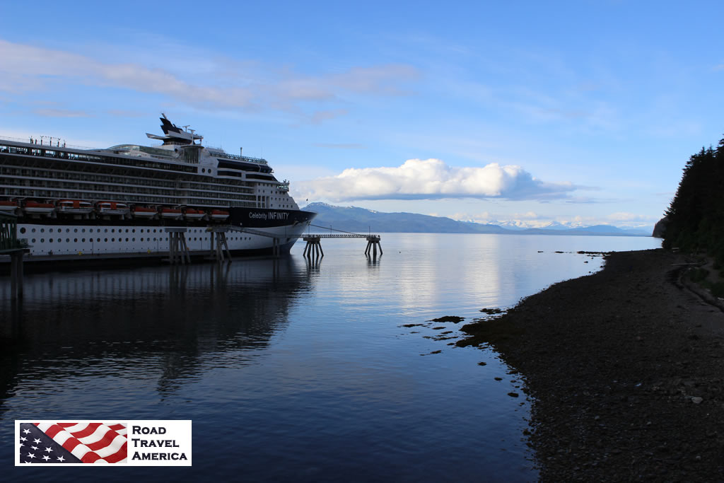 The Celebrity Infinity cruise ship docked in Hoonah