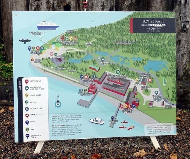 The layout of Icy Strait Point showing key attractions and destinations