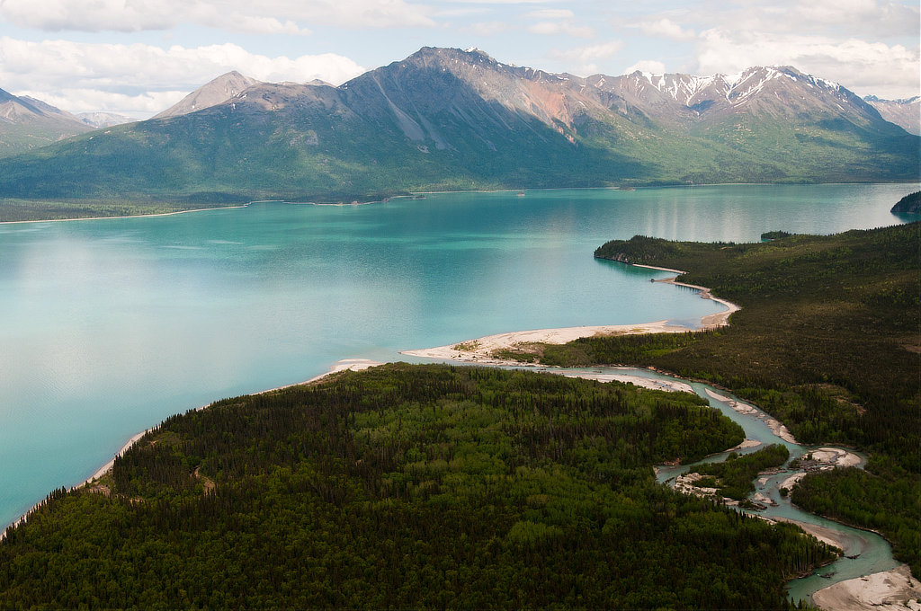 Aerial view of Currant Creek flowing into Lake Clark