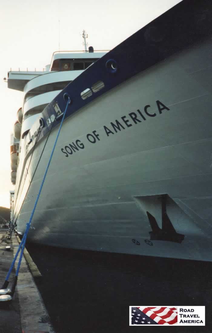 We loved our voyage on the RCCL Song of America ... seen here at dock at St. Thomas, U.S. Virgin Islands (December, 1993)