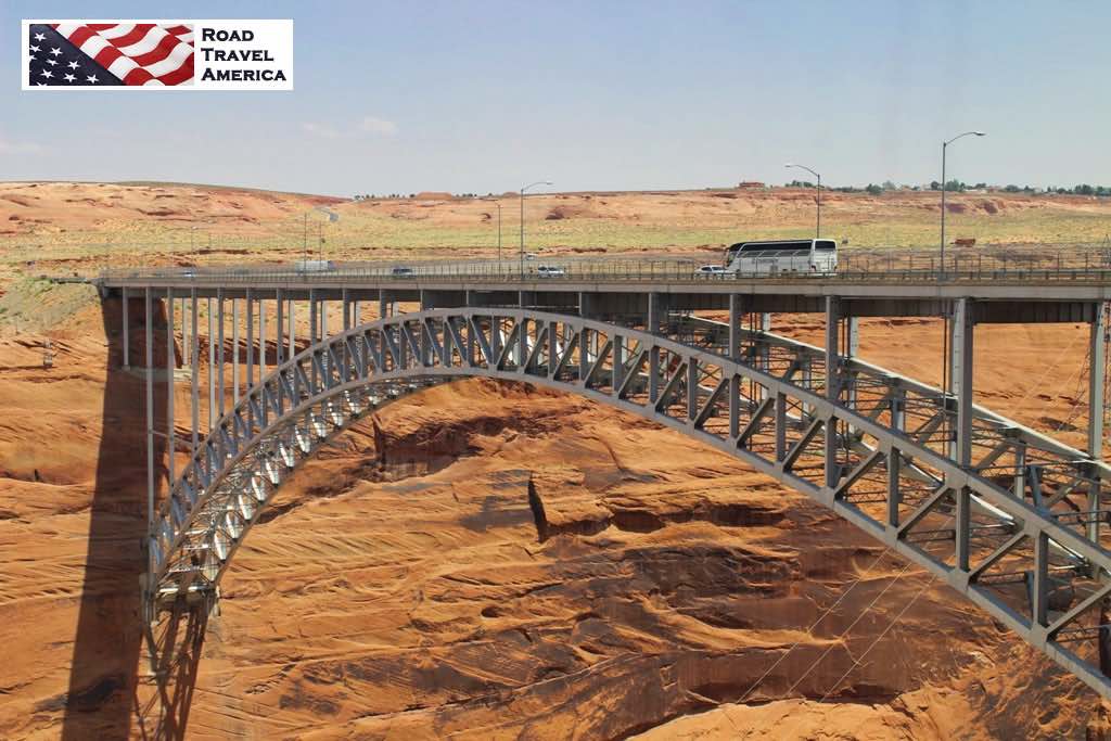 The Glen Canyon Dam Bridge over the Colorado River, looking east from the Carl Hayden Visitor Center 