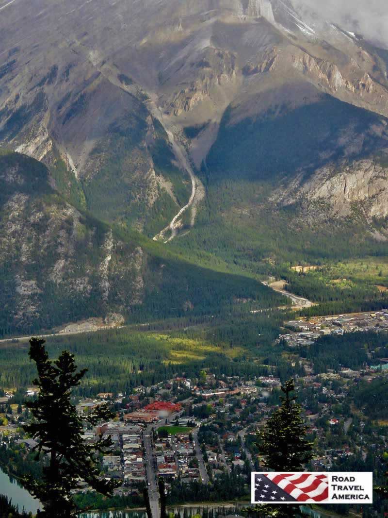 Aerial view of Banff as seen from the top of the Banff Gondola in Canada