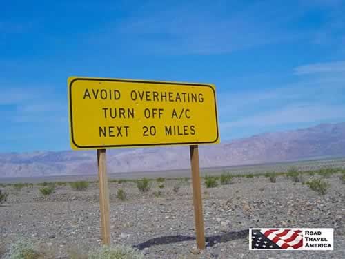 Sign in Death Valley National Park: Avoid Overheating - Turn Off A/C - Next 20 Miles