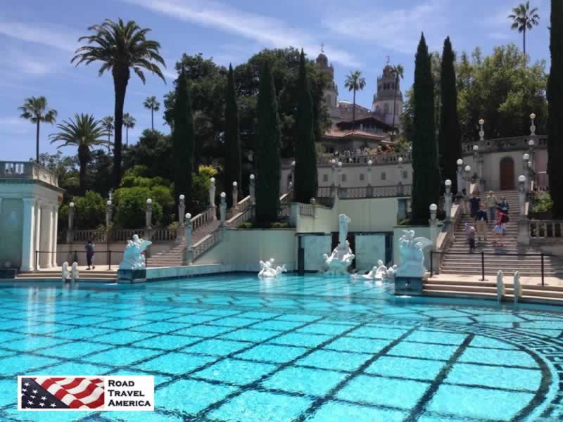 The outdoor Neptune Pool at Hearst Castle, located near the edge of the hilltop, which offers an expansive view of area mountains and the Pacific Ocean 