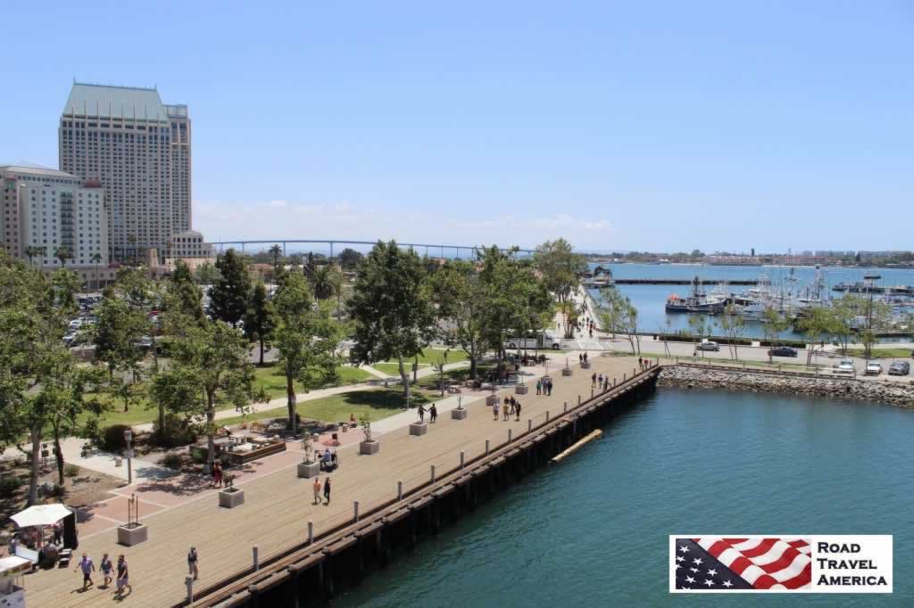 Walk ways and public areas along the San Diego waterfront, as seen from the USS Midway