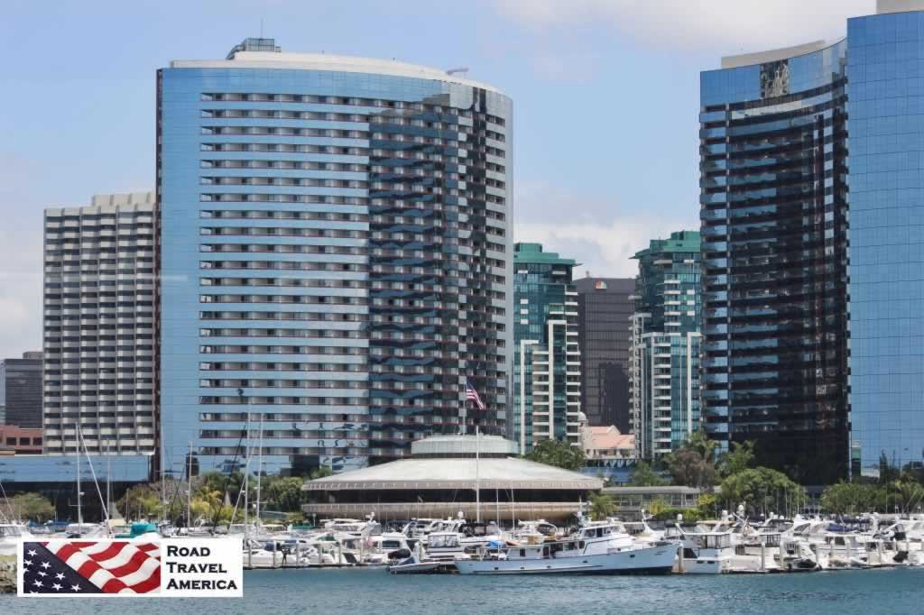 Hotels line the waterfront in downtown San Diego