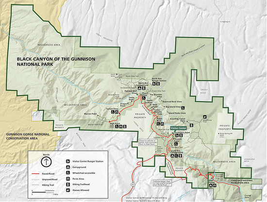 Map of the Black Canyon of the Gunnision National Park... click to view detailed maps at the National Park Service website
