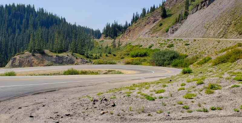 Switchback along the Million Dollar Highway, U.S. 550 in Colorado, on a clear summer day