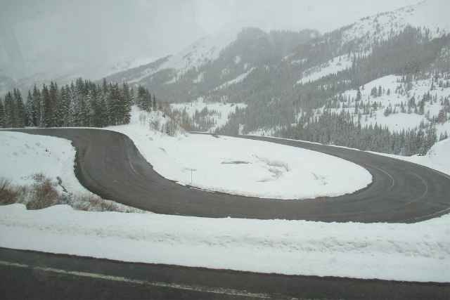 Switchback in winter along the Million Dollar Highway in Colorado