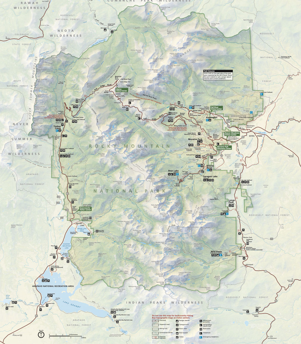 Map of Rocky Mountain National Park roads, lakes, campgrounds and visitor centers