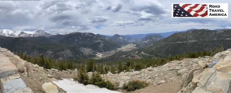 View from Rainbow Curve on Trail Ridge Road in Rocky Mountain National Park in Colorado, with Sheep Lakes in the center distance 