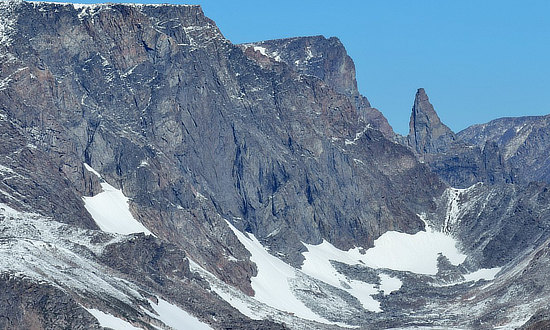 Beartooth Mountain in the distance, with the namesake chisel-shaped "bear's tooth" towering overhead