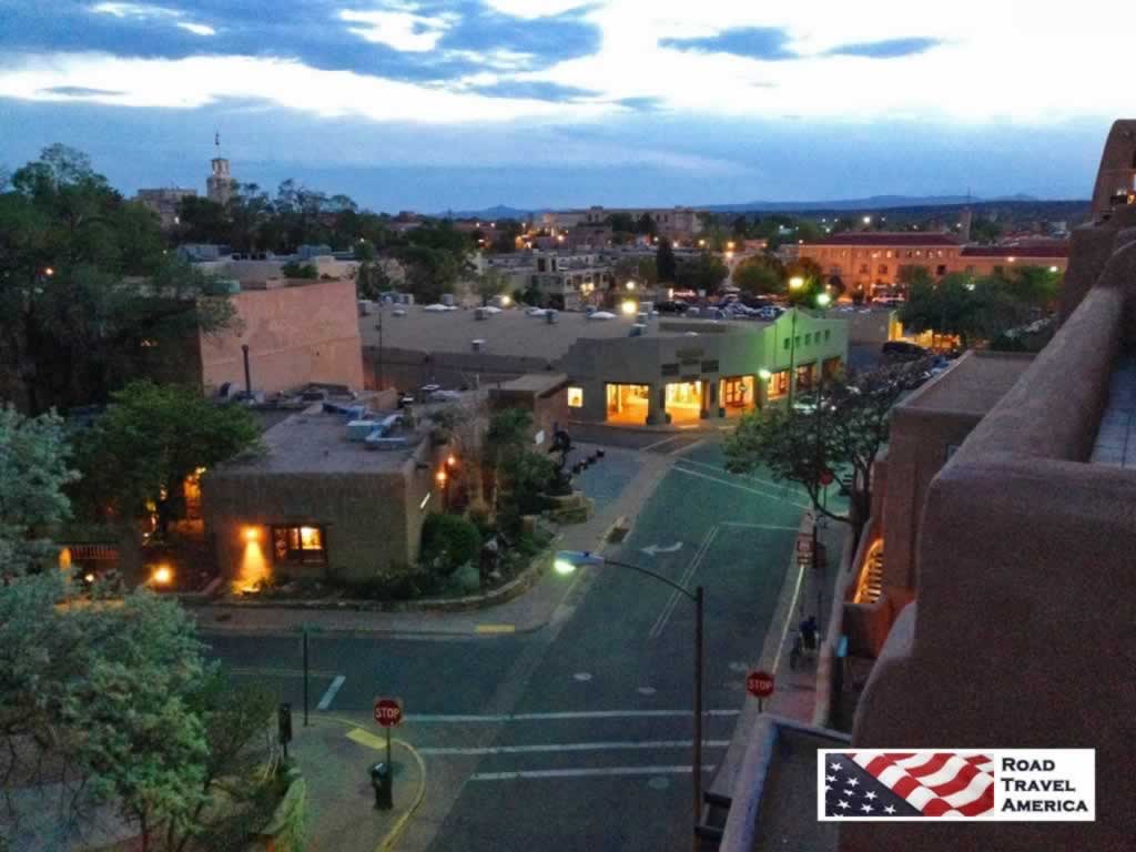 Nightime view of Santa Fe looking west from La Fonda on the Plaza