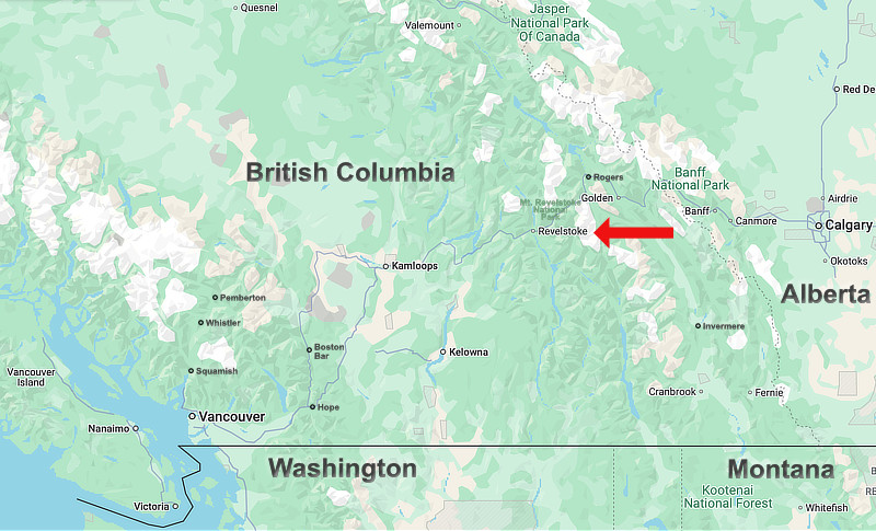 Map showing the location of Revelstoke and nearby cities in British Columbia