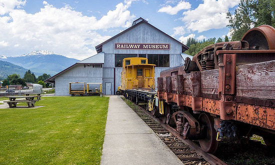 Railroad rolling stock at display at the Revelstone Railway Museum in British Columbia