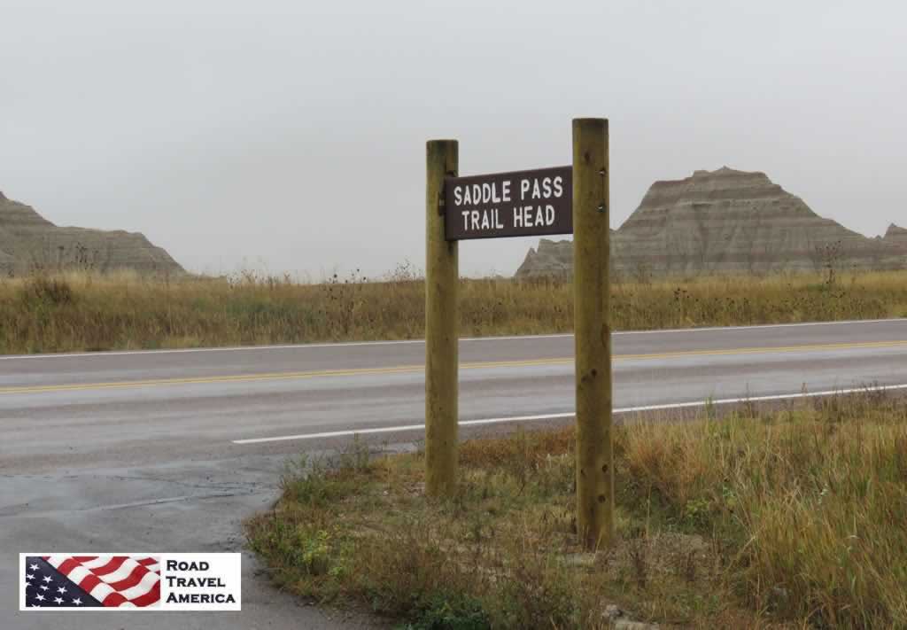 The Saddle Pass Trail Head on a foggy day at Badlands National Park in 2018