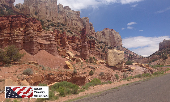 Brilliant blue skies as a backdrop to the red cliffs along the Burr Trail