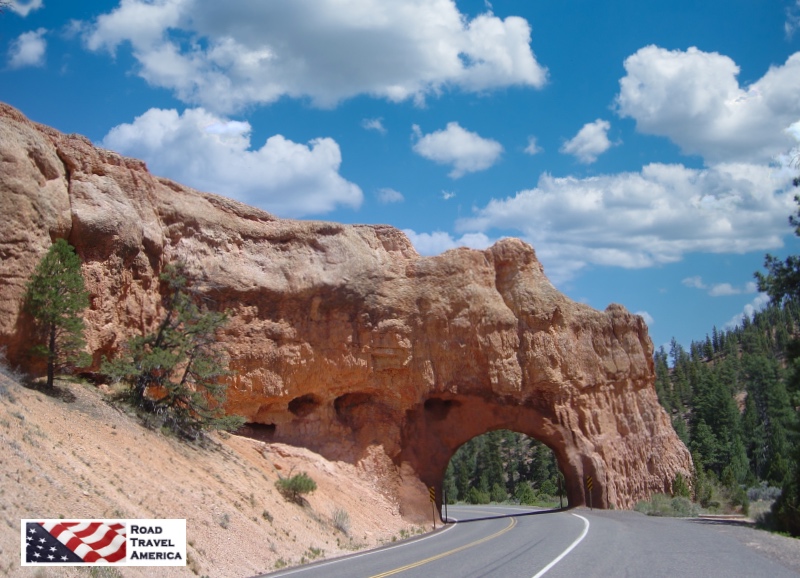 Arch over Utah Scenic Highway 12 at Red Canyon, a recreation area managed at the U.S. Forest Service ... 13 miles west of the entrance to Bryce Canyon National Park