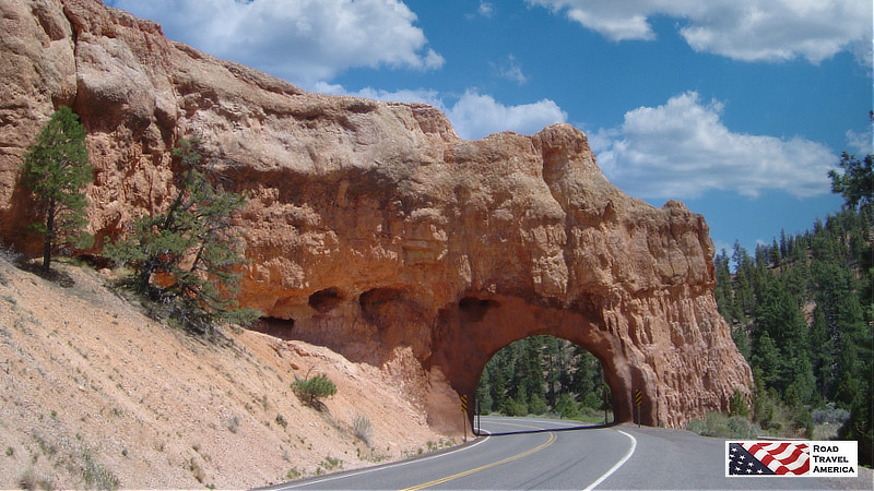 Arch over Utah Scenic Highway 12 at Red Canyon, a recreation area managed at the U.S. Forest Service ... 13 miles west of the entrance to Bryce Canyon National Park