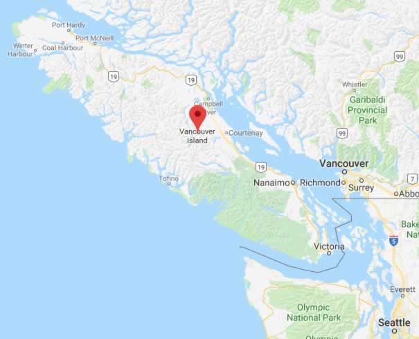 Map of major cities on Vancouver Island in British Columbia, Canada