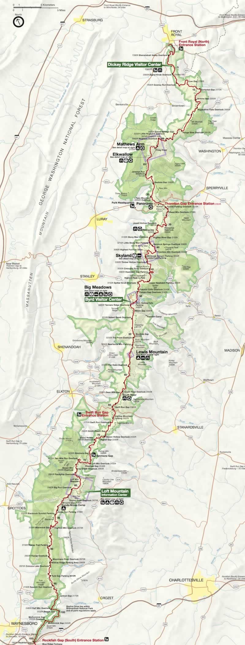 Map of Shenandoah National Park in Virginia