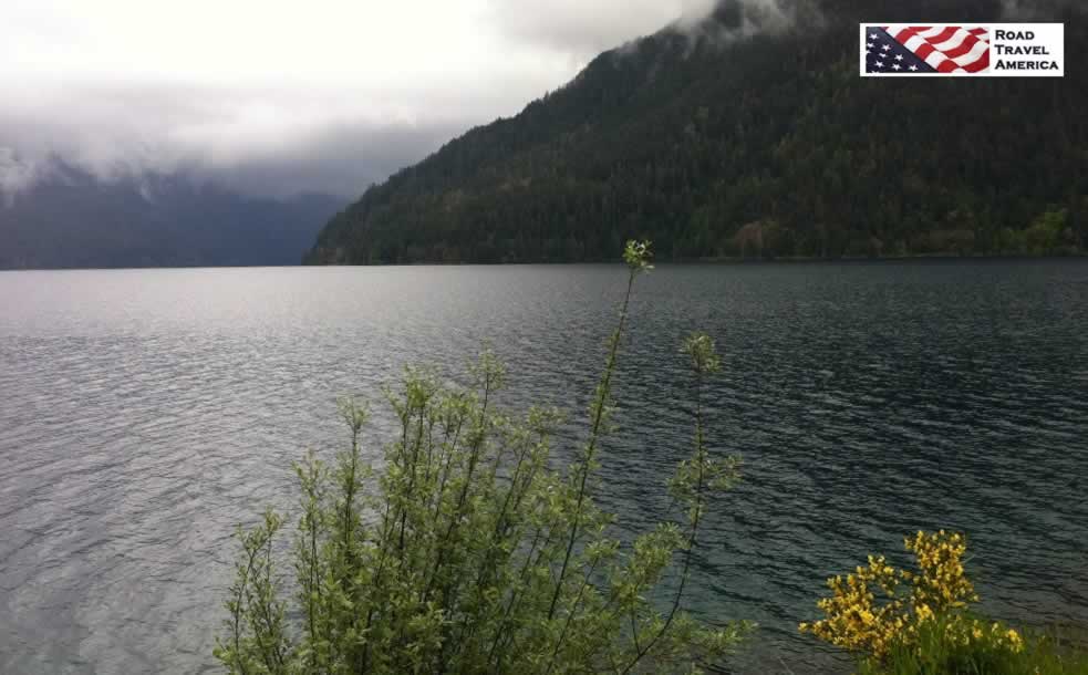 Low hanging clouds over Crescent Lake at Olympic National Park