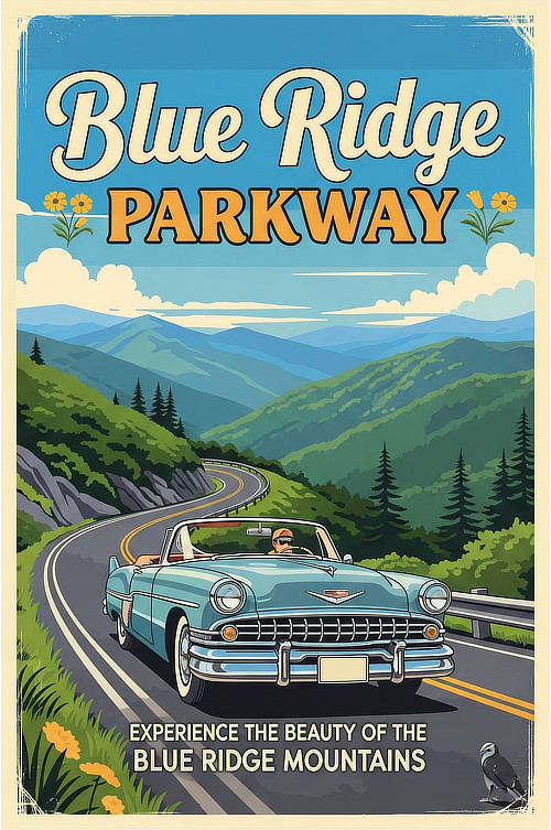 Vintage travel poster for the Blue Ridge Parkway ... Experience the beauty of the Blue Ridge Mountains