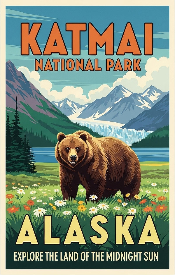 Vintage travel poster for Katmai National Park in Alaska
