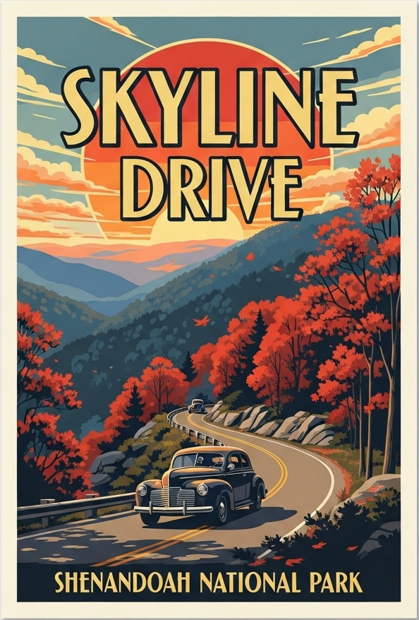 Vintage travel poster for Skyline Drive in Shenandoah National Park