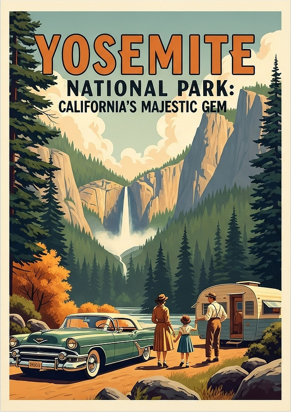 Vintage travel poster for Yosemite National Park in California